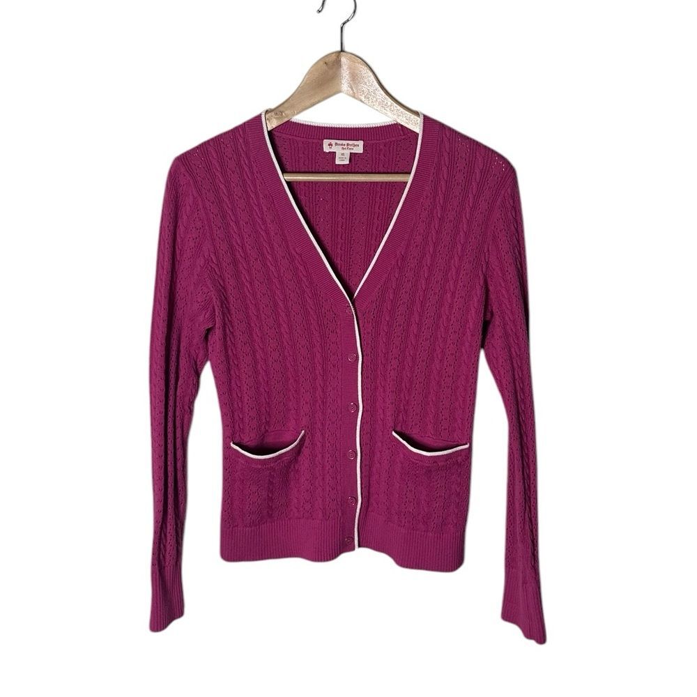 Brooks Brothers Magenta Pointelle Knit V-Neck Cotton Cardigan Sweater Size XS